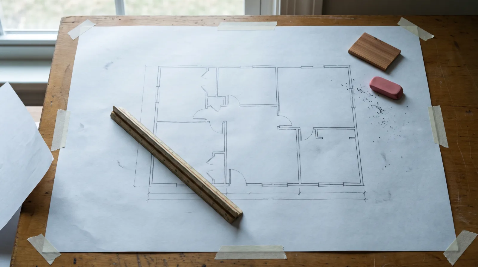 Overhead view of a drafting table: a hand-drawn floor plan on bond paper, a wooden scale rule and a cedar sample chip in window light.